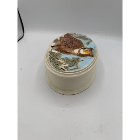 Vintage Embossed Owl Ceramic Trinket Box M.R. Signed Oval Nature Scene 8x5” - Picture 5 of 12